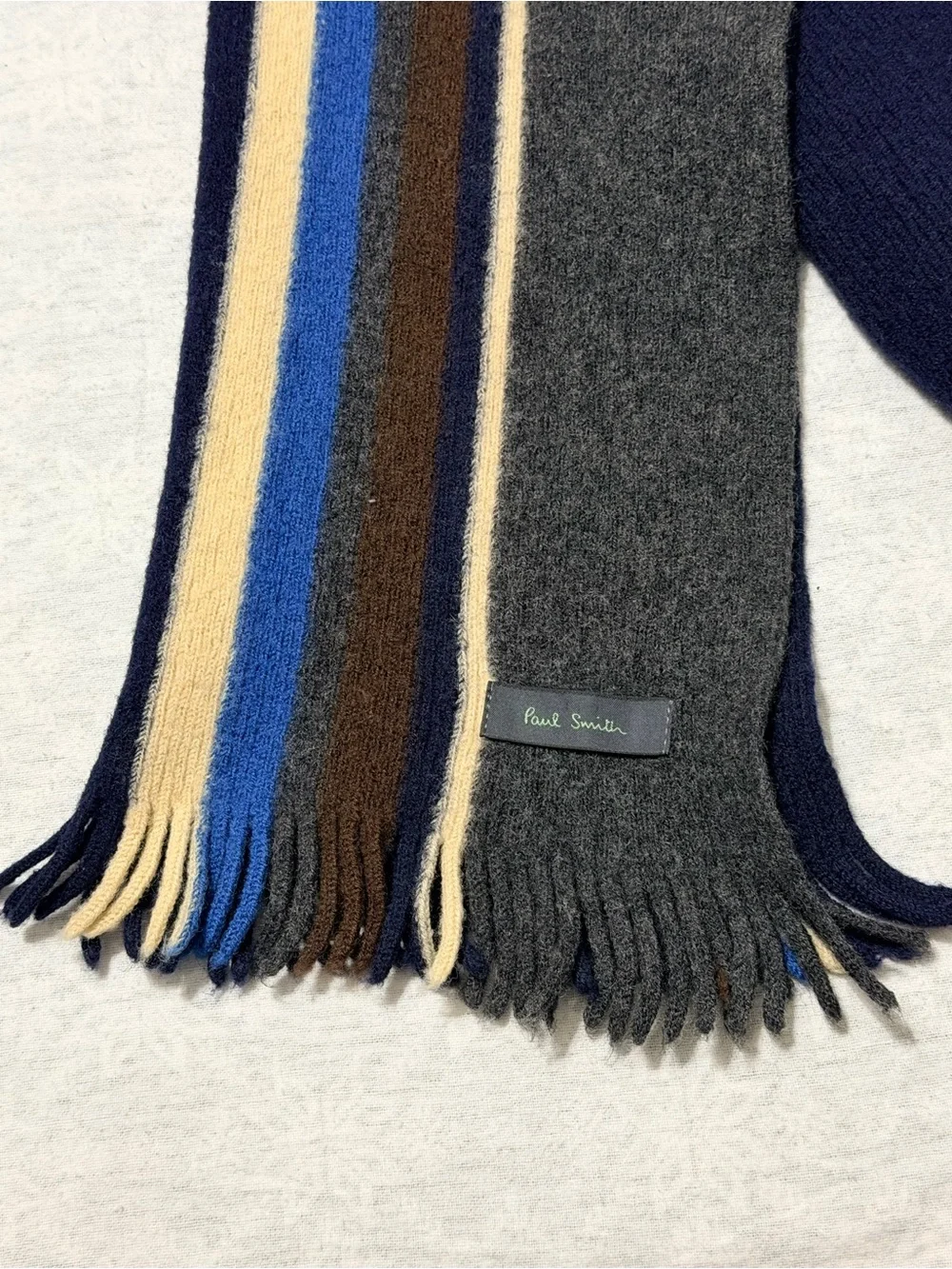 Paul Smith Men’s 100% Wool Striped Scarf Navy Gray Blue Brown Cream Fringe